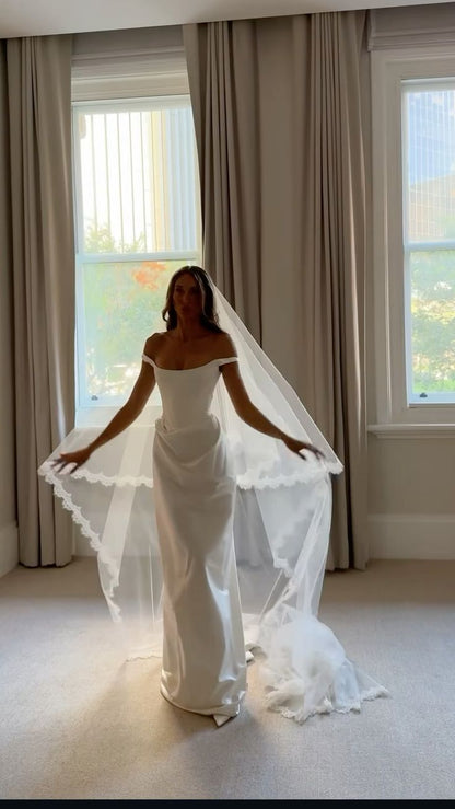 Dreamy Wedding Dress Sheath Off The Shoulder White Satin Summer Long Wedding Dresses Bridal Gowns W0130