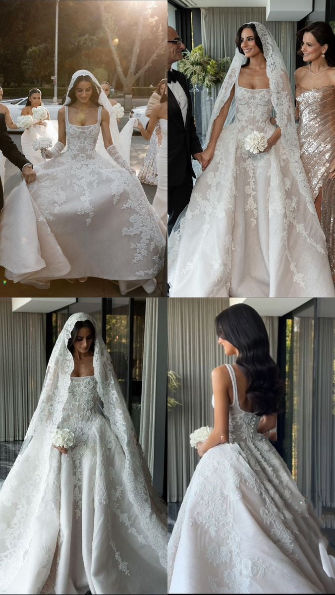 Rustic Wedding Dress Ball Gown Square Neck White Lace Tulle Long Wedding Dresses Summer Brides Dress Bridal Gowns W0143