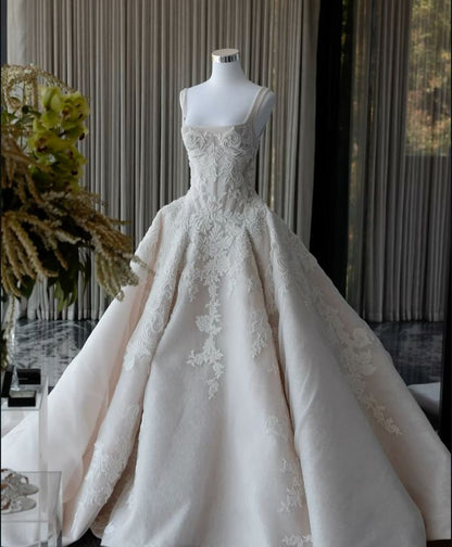 Rustic Wedding Dress Ball Gown Square Neck White Lace Tulle Long Wedding Dresses Summer Brides Dress Bridal Gowns W0143