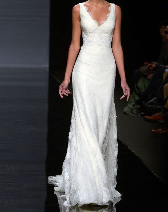Pretty Wedding Dress Mermaid V Neck Lace Summer White Wedding Dresses Bridal Gowns W0150
