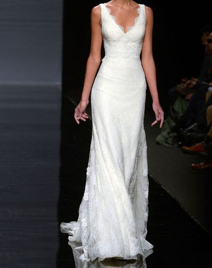 Pretty Wedding Dress Mermaid V Neck Lace Summer White Wedding Dresses Bridal Gowns W0150