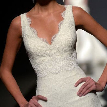 Pretty Wedding Dress Mermaid V Neck Lace Summer White Wedding Dresses Bridal Gowns W0150