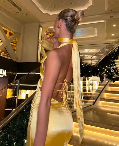 Classy Sheath V Neck Yellow Satin Prom Dresses Formal Summer Wedding Guest Dresses Wedding Guest Outfit W0154