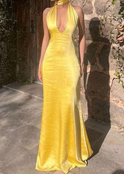 Classy Sheath V Neck Yellow Satin Prom Dresses Formal Summer Wedding Guest Dresses Wedding Guest Outfit W0154