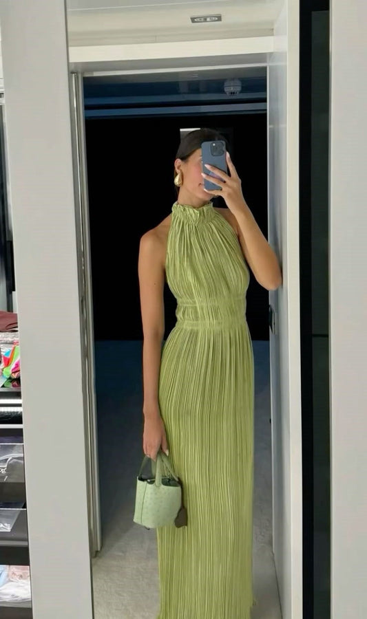 Sexy A line High Neck Sage Green Chiffon Prom Dresses Formal Summer Wedding Guest Dresses Wedding Guest Outfit W0162