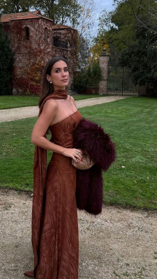 Modest A line Strapless Brown Lace 20th Birthday Dress With Scarf Prom Dress 18th Birthday Outfits For Women W0164