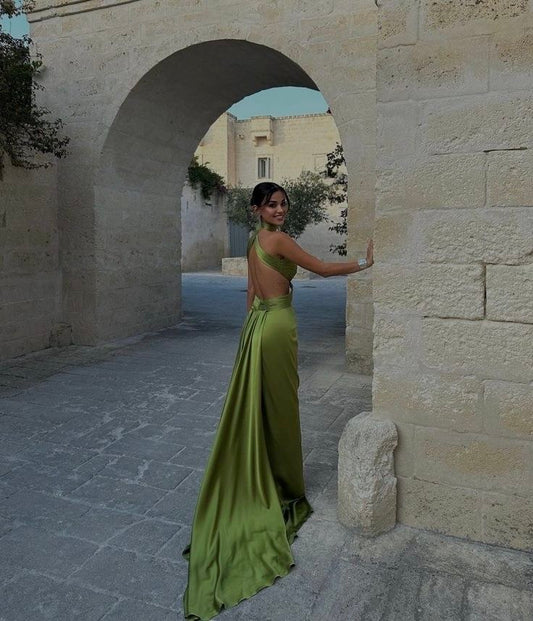 Sexy Sheath Halter Backless Long Prom Dresses Formal Summer Wedding Guest Dresses Wedding Guest Outfit W0171