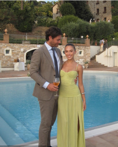 Modest A line Spaghetti Straps Green Prom Dresses Formal Summer Spring Slit Wedding Guest Dresses Wedding Guest Outfit W0179