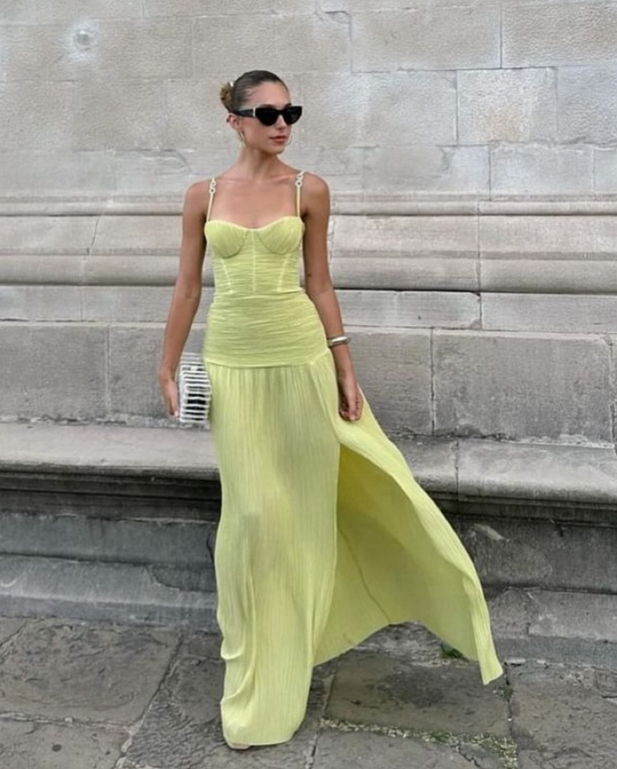 Modest A line Spaghetti Straps Green Prom Dresses Formal Summer Spring Slit Wedding Guest Dresses Wedding Guest Outfit W0179