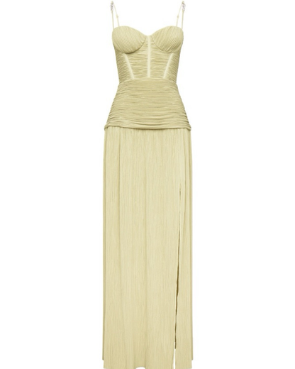 Modest A line Spaghetti Straps Green Prom Dresses Formal Summer Spring Slit Wedding Guest Dresses Wedding Guest Outfit W0179