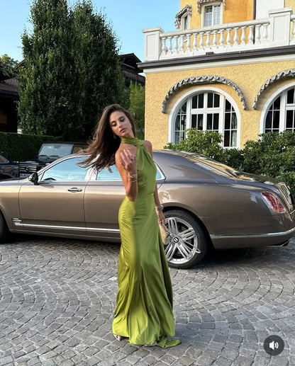 Modest Sheath One Shoulder Satin Green Prom Dresses Formal Summer Spring Wedding Guest Dresses Wedding Guest Outfit W0187