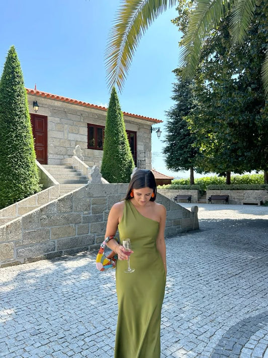 Modest A line One Shoulder Satin Green Prom Dresses Formal Summer Spring Wedding Guest Dresses Wedding Guest Outfit W0188