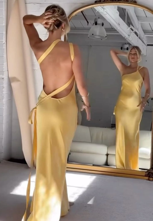 Sexy A line One Shoulder Yellow Backless Long Prom Dresses Formal Summer Wedding Guest Dresses Wedding Guest Outfit W0190