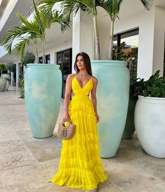 Modest A line Spaghetti Straps Yellow Chiffon Prom Dresses Formal Summer Spring Wedding Guest Dresses Wedding Guest Outfit W0196