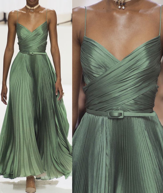 Modest A line Spaghetti Straps Green Prom Dresses Formal Summer Spring Wedding Guest Dresses Wedding Guest Outfit W0200