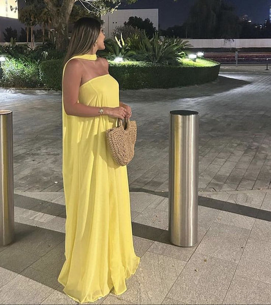 Sexy A line Strapless Yellow Chiffon Long Prom Dresses Formal Summer Wedding Guest Dresses Wedding Guest Outfit W0201