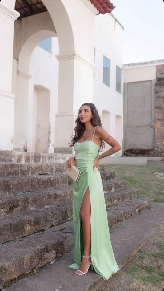 Modest Sheath Spaghetti Straps Mint Green Slit Prom Dresses Formal Summer Spring Wedding Guest Dresses Wedding Guest Outfit W0203