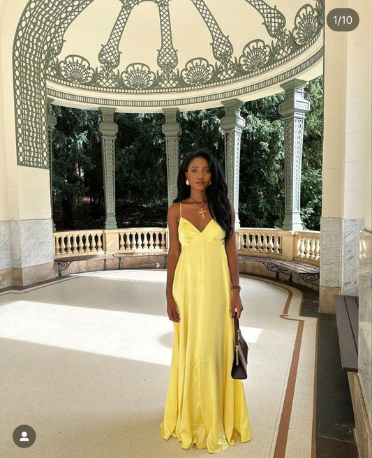 Sexy A line Spaghetti Straps Yellow Satin Long Prom Dresses Formal Summer Wedding Guest Dresses Wedding Guest Outfit W0204