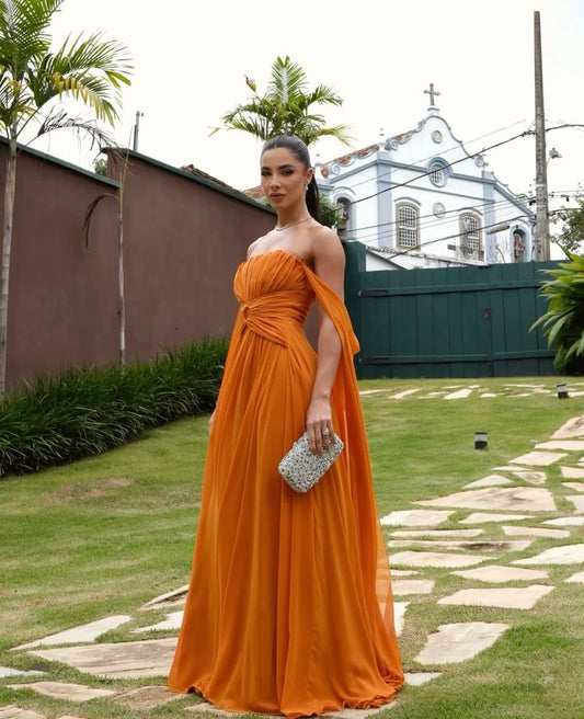 Modest A Line Strapless Chiffon Orange Prom Dresses Formal Summer Spring Wedding Guest Dresses Wedding Guest Outfit W0208