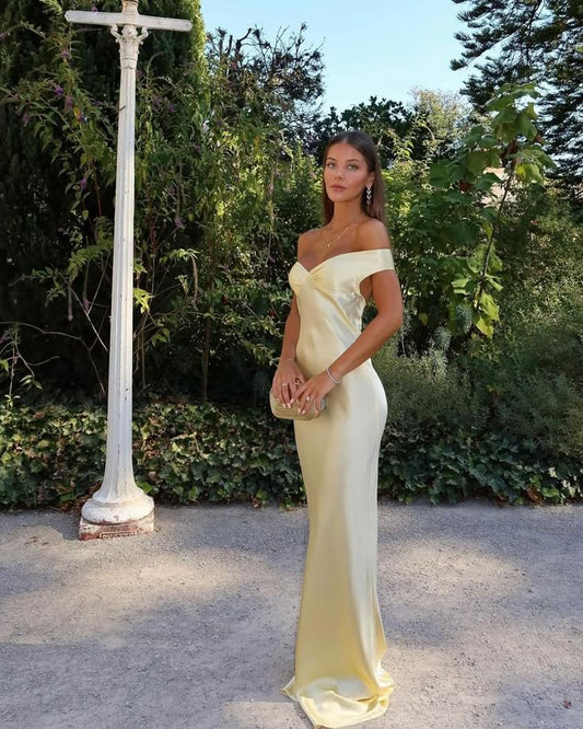 Sexy Sheath Off The Shoulder Yellow Long Prom Dresses Formal Summer Wedding Guest Dresses Wedding Guest Outfit W0211