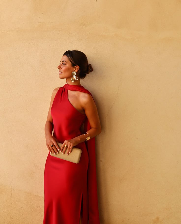 Modest Sheath One Shoulder Red Slit Prom Dresses Formal Summer Spring Wedding Guest Dresses Wedding Guest Outfit W0213