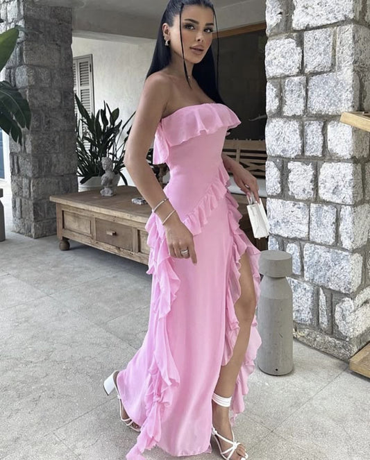 Modest A line Strapless Chiffon Pink 20th Birthday Dress Slit Prom Dress 18th Birthday Outfits Holiday Outfit W0216