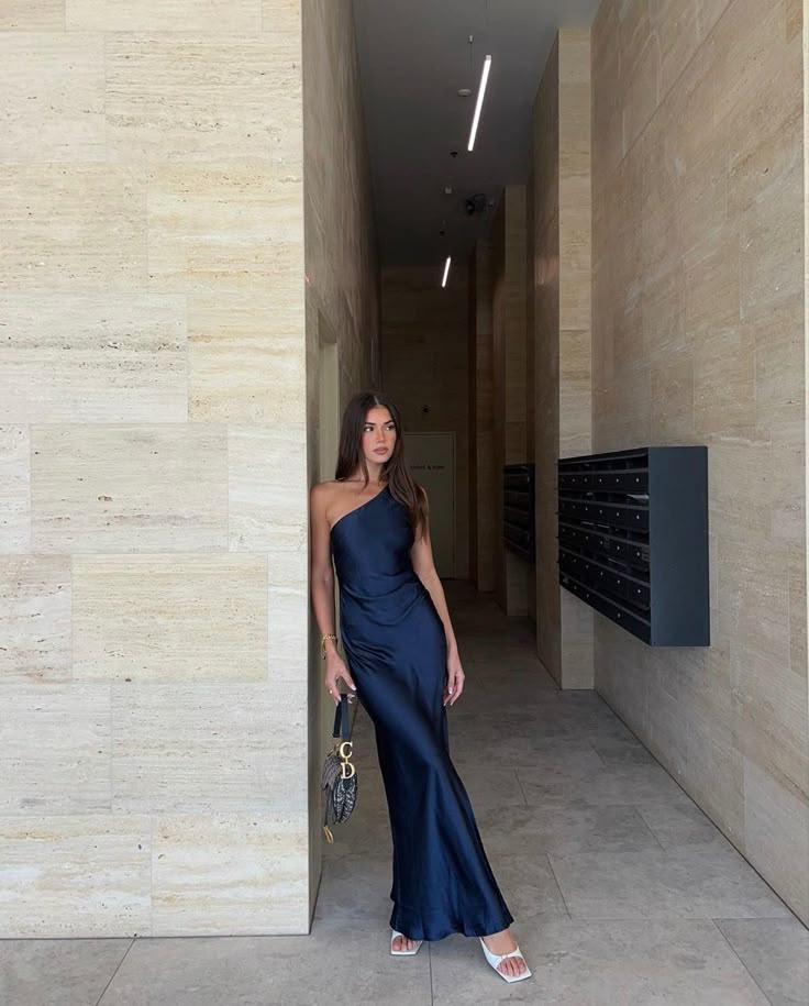 Classy Sheath One Shoulder Navy Blue Satin Prom Dresses Formal Summer Wedding Guest Dresses Wedding Guest Outfit W0222