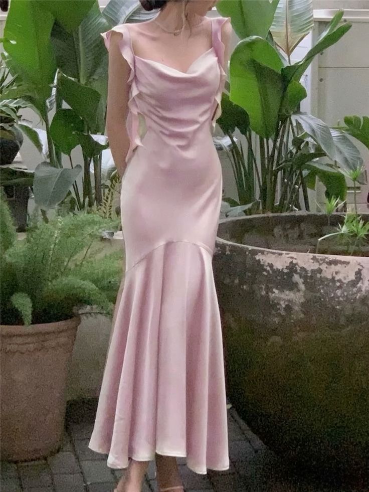 Sexy Mermaid Straps Pink Satin Prom Dresses Formal Summer Wedding Guest Dresses Wedding Guest Outfit W0223