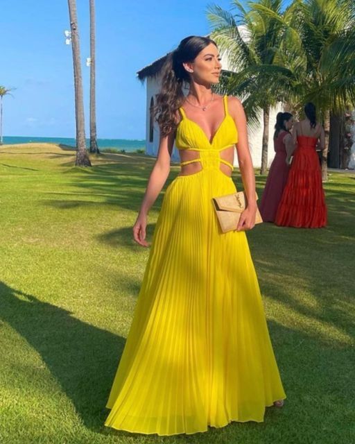 Classy A line Spaghetti Straps Yellow Chiffon Prom Dresses Formal Summer Wedding Guest Dresses Wedding Guest Outfit W0226