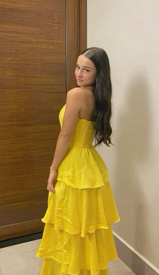 Classy A line Strapless Yellow Long Prom Dresses Formal Summer Wedding Guest Dresses Wedding Guest Outfit W0227