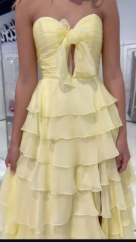 Classy A line Sweetheart Chiffon Slit Light Yellow Long Prom Dresses Formal Summer Wedding Guest Dresses Wedding Guest Outfit W0228