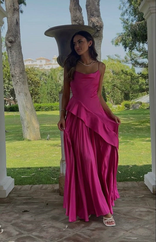Sexy A line Spaghetti Straps Hot Pink Satin Prom Dresses Formal Summer Wedding Guest Dresses Wedding Guest Outfit W0229