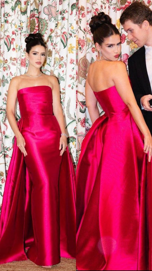 Classy Sheath Strapless Hot Pink Satin Long Prom Dresses Formal Summer Wedding Guest Dresses Wedding Guest Outfit W0230