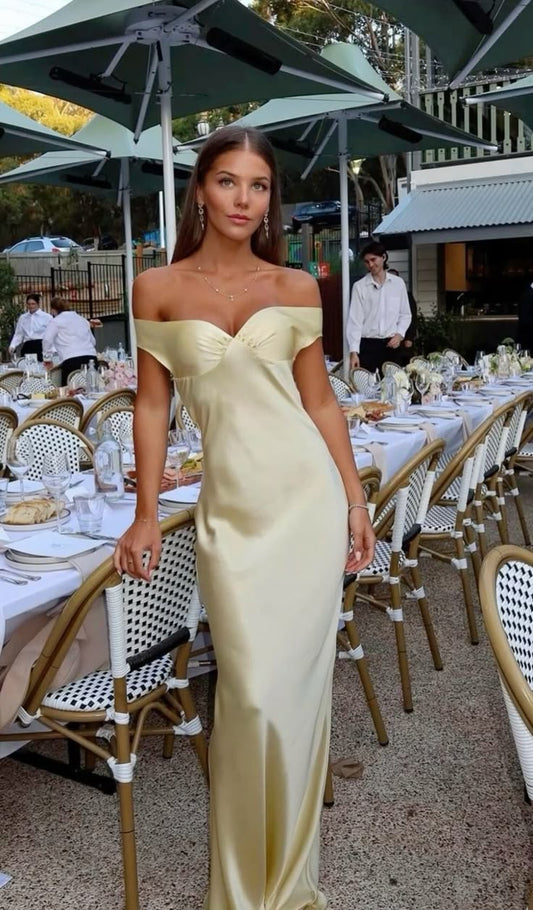 Simple Sheath Off The Shoulder Yellow Long Prom Dresses Formal Summer Wedding Guest Dresses Wedding Guest Outfit W0239