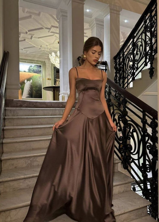 Elegant A line Spaghetti Straps Satin Long Prom Dresses Formal Summer Wedding Guest Dresses Wedding Guest Outfit W040