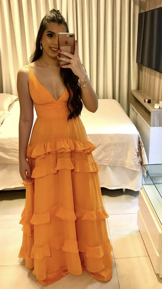 Elegant A line Spaghetti Straps Orange Chiffon Long Prom Dresses Formal Summer Wedding Guest Dresses Wedding Guest Outfit W0251