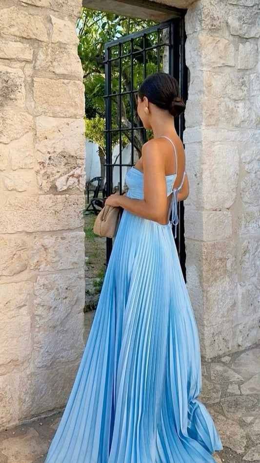 Elegant A line Spaghetti Straps Blue Chiffon Long Prom Dresses Formal Summer Wedding Guest Dresses Wedding Guest Outfit W0258