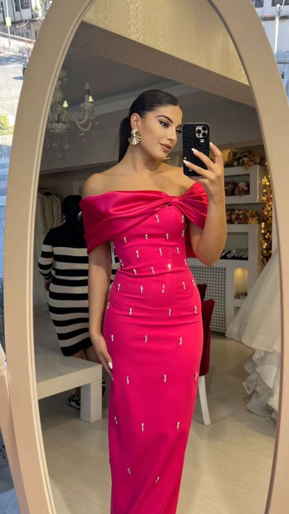 Classy Sheath Off The Shoulder Pink Satin Long Prom Dresses Formal Summer Wedding Guest Dresses Wedding Guest Outfit W0259