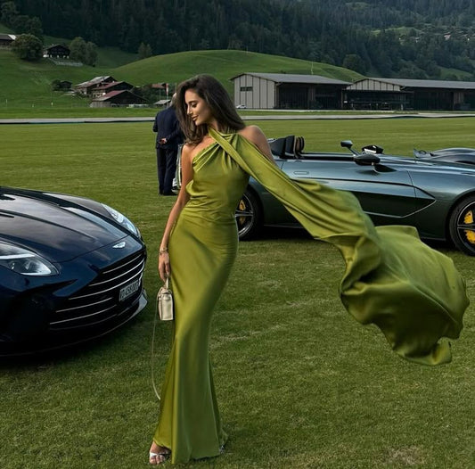 Classy Sheath One Shoulder Green Satin Long Prom Dresses Formal Summer Wedding Guest Dresses Wedding Guest Outfit W0260