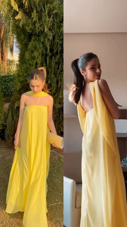 Sexy A line Strapless Yellow Chiffon Long Prom Dresses Formal Summer Wedding Guest Dresses Wedding Guest Outfit With Scarf W0266
