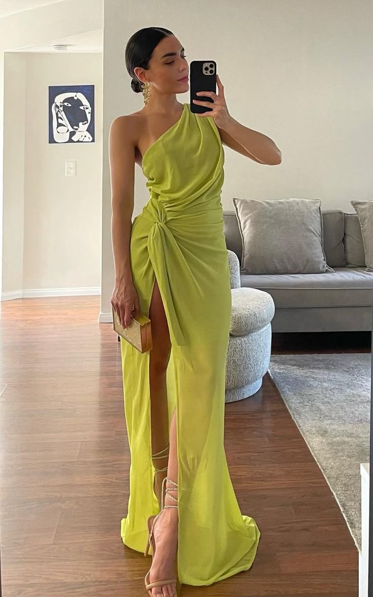Elegant Sheath One Shoulder Chiffon Long Slit Prom Dresses Formal Summer Wedding Guest Dresses Wedding Guest Outfit W0271