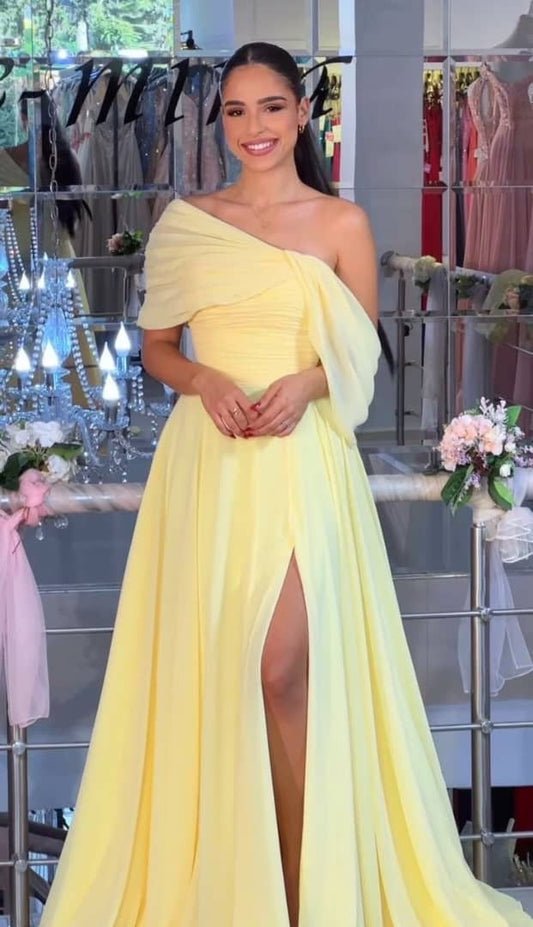Classy A line One Shoulder Yellow Chiffon Long Prom Dresses Formal Summer Wedding Guest Dresses Wedding Guest Outfit W0274