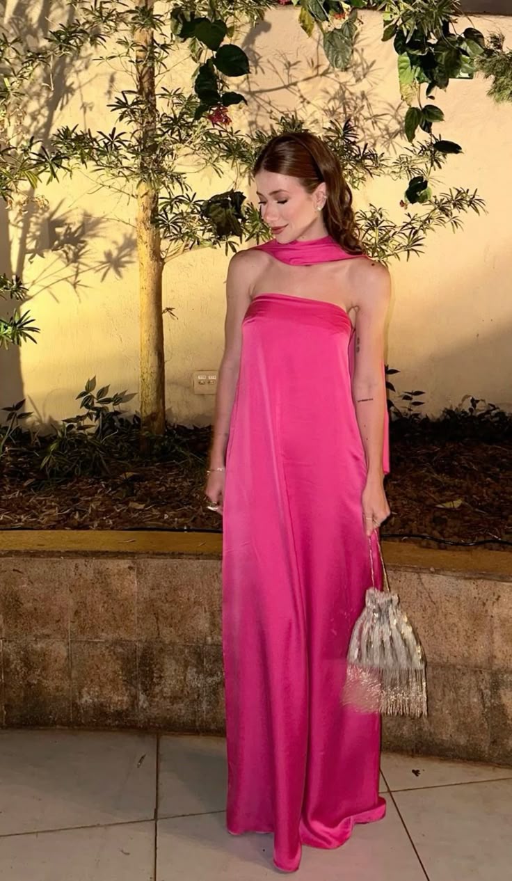 Classy A line Strapless Pink Satin Long Prom Dresses With Scarf Formal Summer Wedding Guest Dresses Wedding Guest Outfit W0275