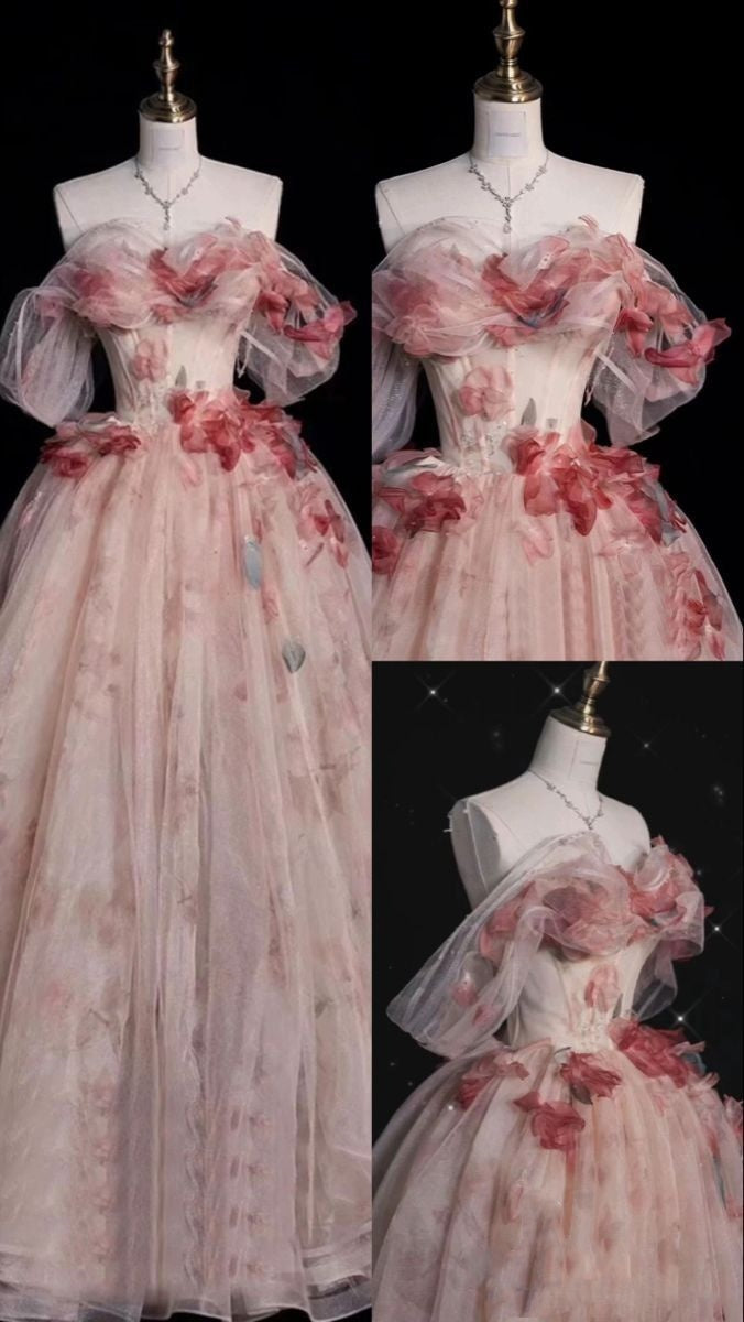 Pretty Ball Gown Off The Shoulder Blush Pink Tulle Long Quinceanera Dress Formal Short Sleeves Flowers Vestido De 15 Anos W0276