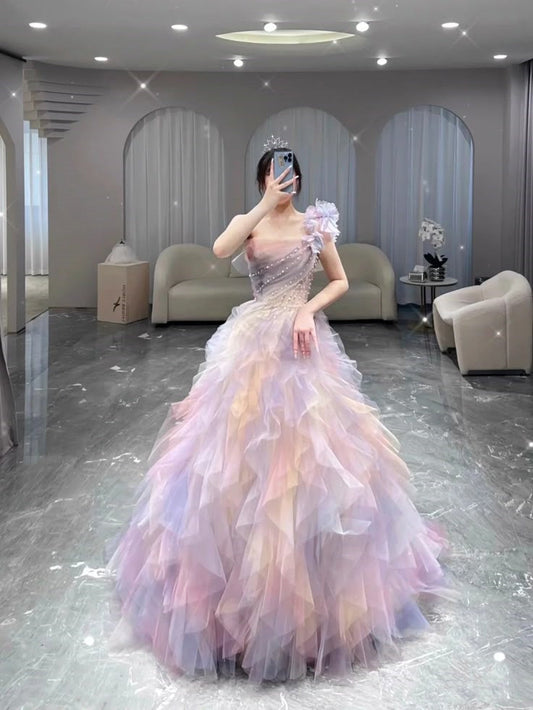 Pretty Ball Gown One Shoulder Lilac Tulle Long Quinceanera Dress Formal Short Sleeves Flowers Vestido De 15 Anos W0277