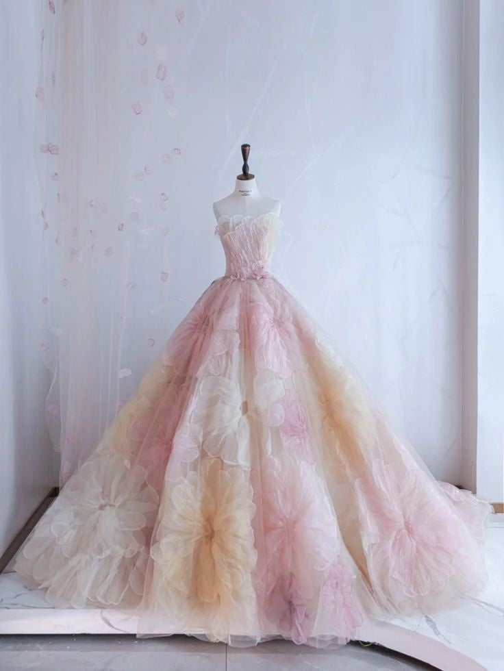 Pretty Ball Gown Sweetheart Pink Flowers Tulle Long Quinceanera Dress Formal Short Sleeves Flowers Vestido De 15 Anos Sweet 16 Dress W0284