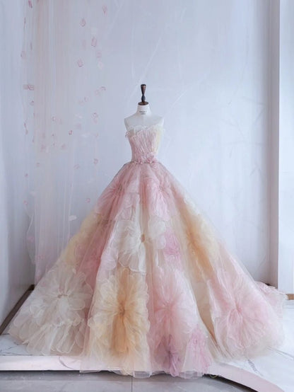 Pretty Ball Gown Sweetheart Pink Flowers Tulle Long Quinceanera Dress Formal Short Sleeves Flowers Vestido De 15 Anos Sweet 16 Dress W0284