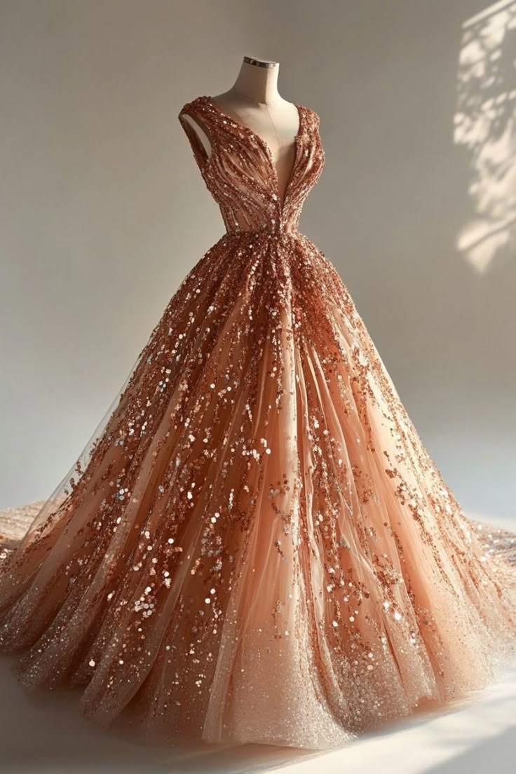 Pretty Ball Gown V Neck Pink Sequin Long Quinceanera Dresses Sweet 16 Dress Formal  Vestido De 15 Anos W0289