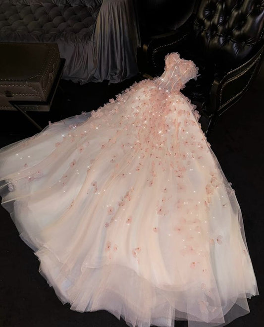 Unique  Ball Gown Sweetheart Pink Tulle Long Quinceanera Dresses Sweet 16 Dress Formal  Vestido De 15 Anos W0293