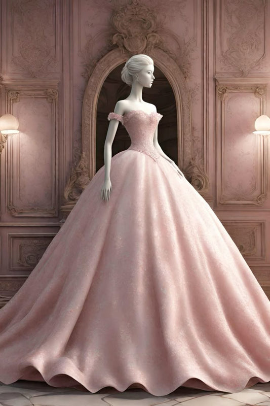 Pretty Ball Gown Off The Shoulder Pink Beaded Long Quinceanera Dress Formal Short Sleeves Flowers Vestido De 15 Anos Sweet 16 Dress W0296